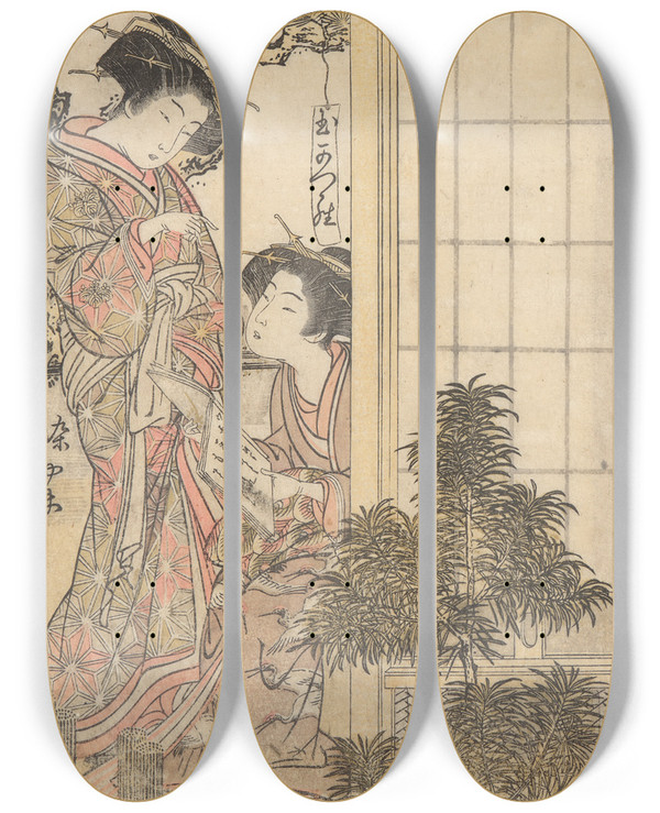 Triptych art skateboard deck of Katsukawa Shunch Two Women Of The Greenhouses With A Book Of Poems by Katsukawa Shuncho (1783-1795)