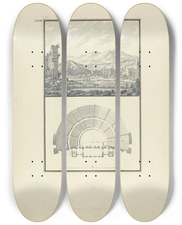 Triptych art skateboard deck of Giovanni Battista Borra View And Plan Of The Theater Of Hierapolis Now Pamukkale by Giovanni Battista Borra (1713-1770)