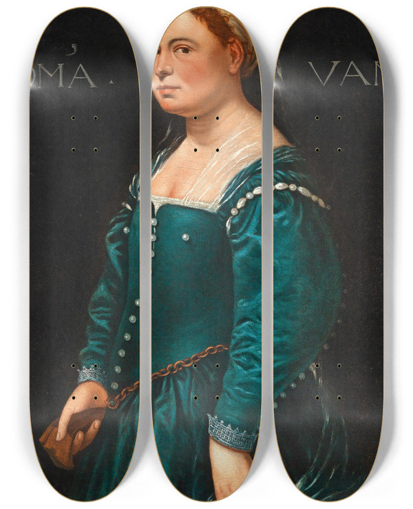 Triptych art skateboard deck of Bernardino Licinio Portrait Of A Lady In A Green Dress by Bernardino Licinio (1489-1565)