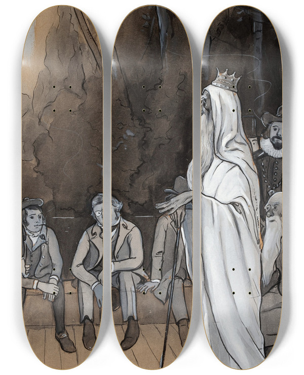 Triptych art skateboard deck of Peter Newell The Pursuit Of The House Boat by Peter Newell (1862-1924)