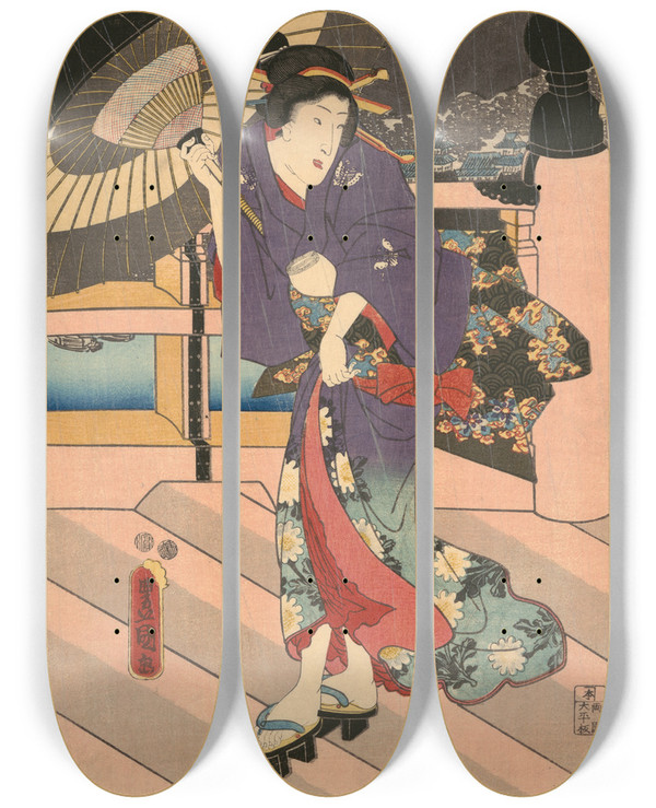 Triptych art skateboard deck of Utagawa Kunisada Toyokuni Iii Rainy Scene On A Bridge Ame No To No Sue_3 by Utagawa Kunisada (Toyokuni III) (1786-1865)