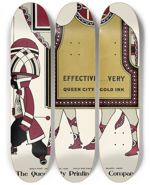 Triptych art skateboard deck of Augustus Jansson Queen City Ink Ad 38 by Augustus Jansson (1863-1931)