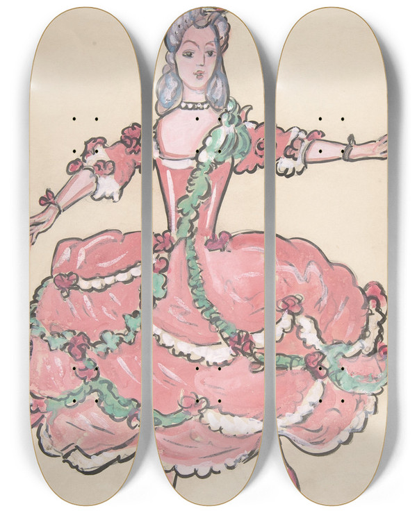 Triptych art skateboard deck of Sergey Yurievich Sudeikin Woman In An Elegant Pink And Green Gown by Sergey Yurievich Sudeikin (1882-1946)