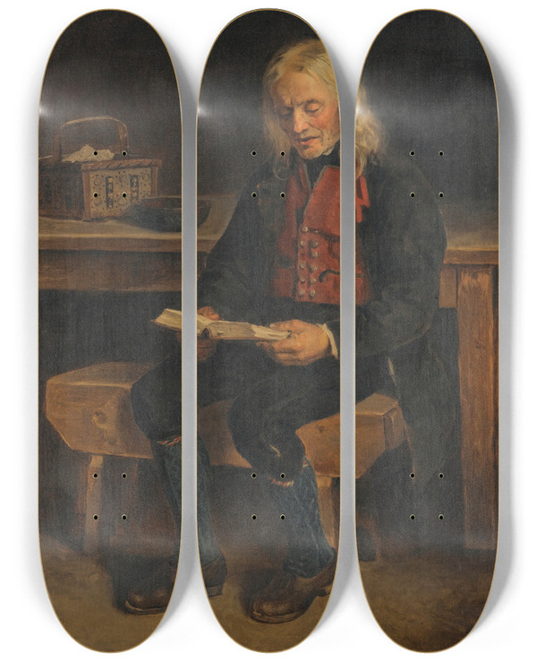 Triptych art skateboard deck of Adolph Tidemand The Reader Jan Tanne by Adolph Tidemand (1814-1876)