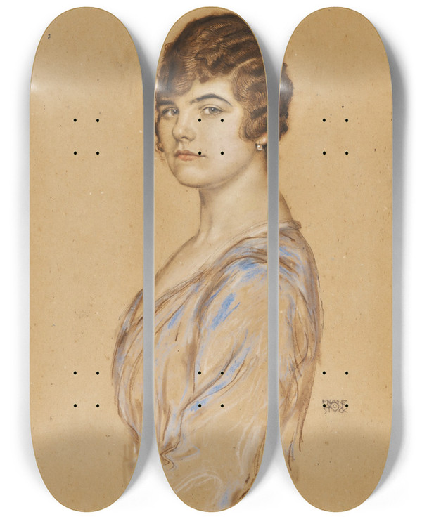 Triptych art skateboard deck of Franz Von Stuck Girl In A Blue Dress by Franz Von Stuck (1863-1928)