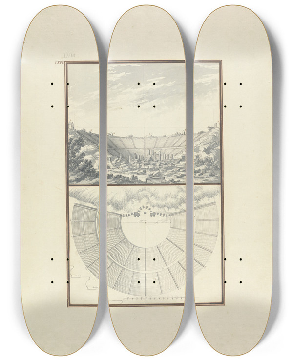 Triptych art skateboard deck of Giovanni Battista Borra Plan And View Of The Third Theater At Laodicea by Giovanni Battista Borra (1713-1770)