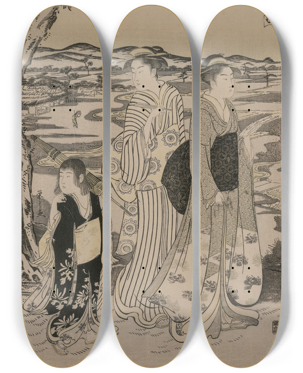 Triptych art skateboard deck of Chbunsai Eishi Omu The Parrot From The Series Seven Elegant Episodes From The Life Of The Poetess Ono No Komachi by Chobunsai Eishi (1756-1829)