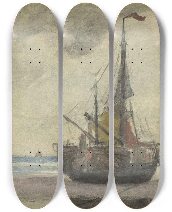 Triptych art skateboard deck of Gerhard Munthe Vissersboot Op Het Strand Met Gereefd Zeil by Gerhard Munthe (1849-1929)