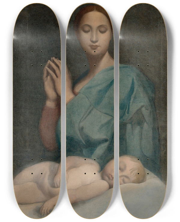 Triptych art skateboard deck of Jean Auguste Dominique Ingres The Virgin With The Sleeping Infant Jesus by Jean Auguste Dominique Ingres (1780-1867)
