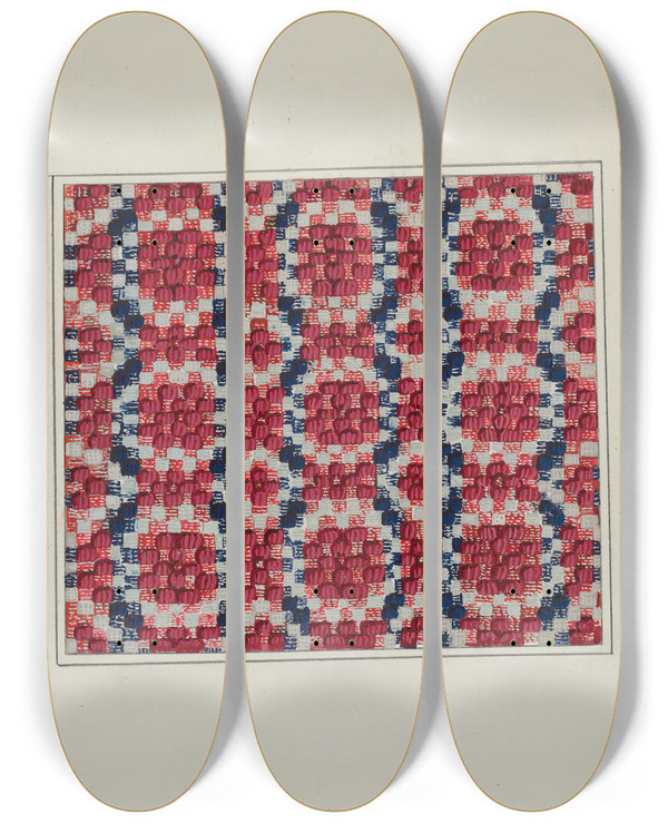 Triptych art skateboard deck of Ruth M Barnes Coverlet Section_1 by Ruth M Barnes