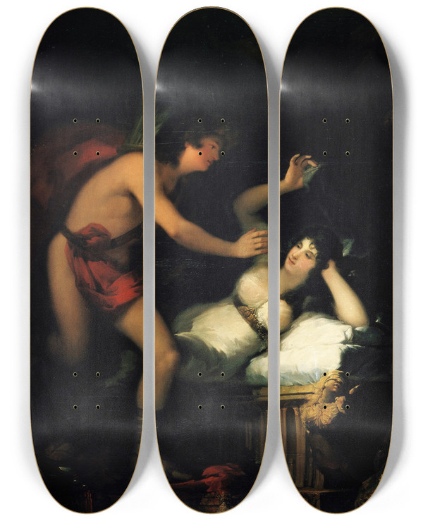 Triptych art skateboard deck of Francisco De Goya Allegory Of Love Cupid And Psyche by Francisco de Goya (1746-1828)