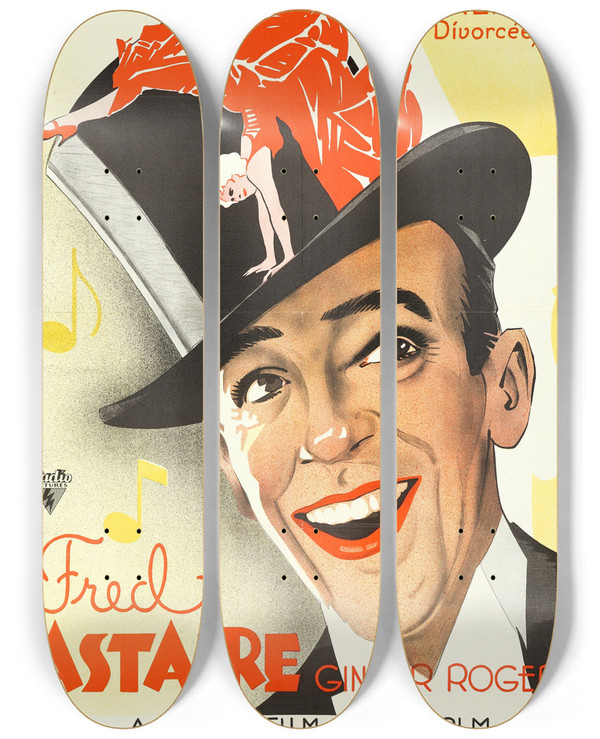 Triptych art skateboard deck of Eric Rohman The Gay Divorcee by Eric Rohman (1891-1949)