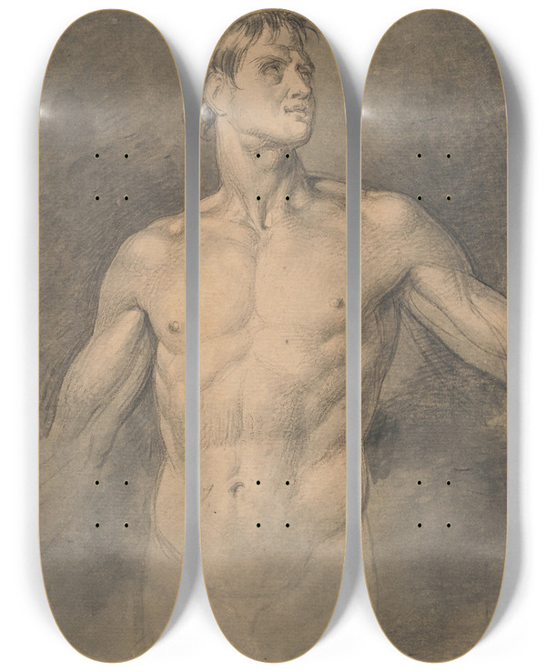 Triptych art skateboard deck of David Humbert De Superville Bovenlichaam V Naakte Man Armen Gespreid by David Humbert De Superville (1770-1849)
