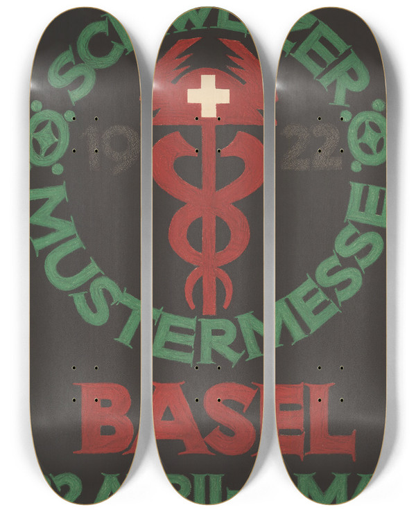 Triptych art skateboard deck of Robert Stcklin Schweizer Mustermesse 1922 Basel 22 April Bis 2 Mai by Robert Stocklin (1889-1931)
