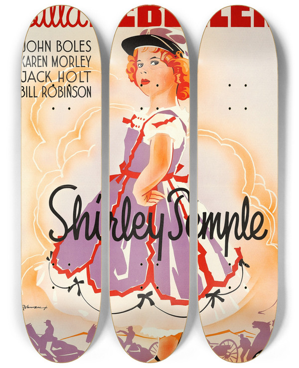 Triptych art skateboard deck of Eric Rohman The Littlest Rebel by Eric Rohman (1891-1949)