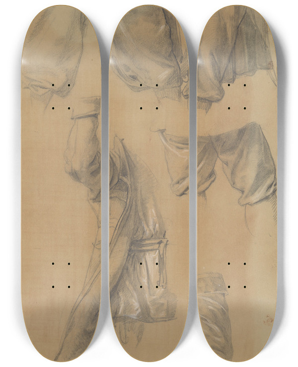 Triptych art skateboard deck of Jzef Simmler Studies Of Clothing Fragments Of Assailants To The Painting Martyrdom Of St Josaphat Kuntsevych by Jozef Simmler (1823-1868)