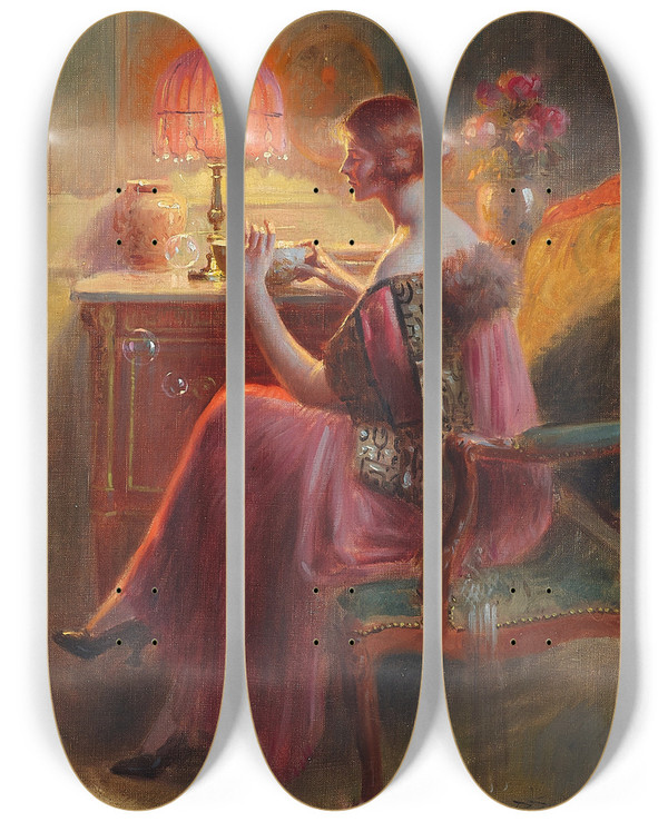 Triptych art skateboard deck of Delphin Enjolras Blowing Bubbles by Delphin Enjolras (1857-1945)