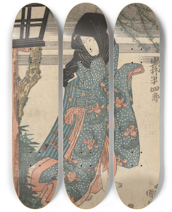 Triptych art skateboard deck of Utagawa Kunisada Toyokuni Iii Actor Iwai Hanshiro In The Role Of Oito by Utagawa Kunisada (Toyokuni III) (1786-1865)