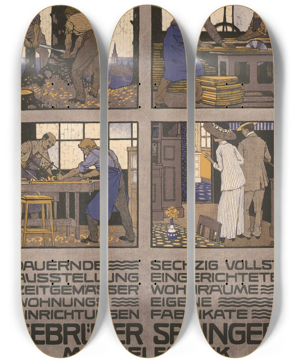 Triptych art skateboard deck of Burkhard Mangold Gebrder Springer Mbelfabrik Basel Klarastrasse 19 by Burkhard Mangold (1873-1950)
