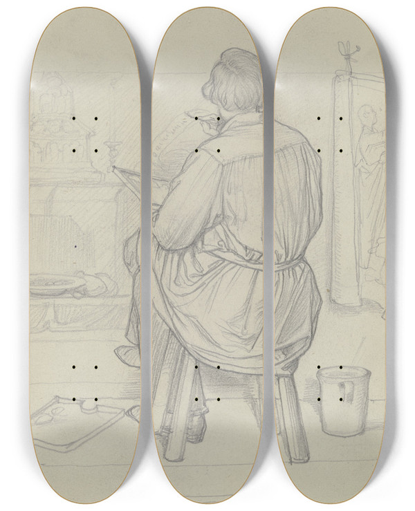 Triptych art skateboard deck of Wilhelm Amandus Beer Der Maler Leopold Bode Als Rckenfigur Sitzend Bei Der Arbeit_2 by Wilhelm Amandus Beer (1837-1907)