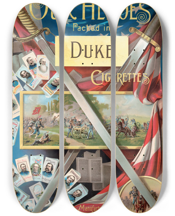 Triptych art skateboard deck of Knapp Co Histories Of Our Heroes Packed In Duke Cigarettes by Knapp & Co. (19-)