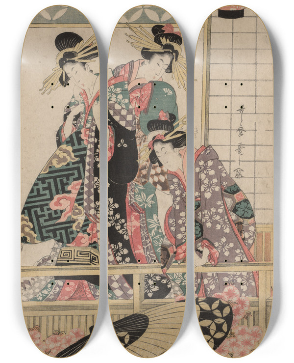 Triptych art skateboard deck of Kitagawa Utamaro Yoshiwara Women Looking Into The Street At Springtime by Kitagawa Utamaro (1753-1806)
