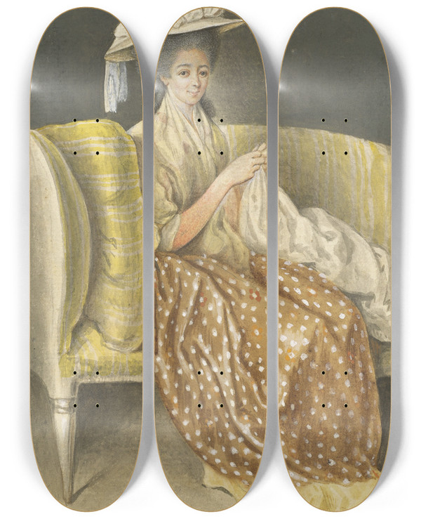 Triptych art skateboard deck of Daniel Nikolaus Chodowiecki Portrait Of A Lady Sewing by Daniel Nikolaus Chodowiecki (1726-1801)