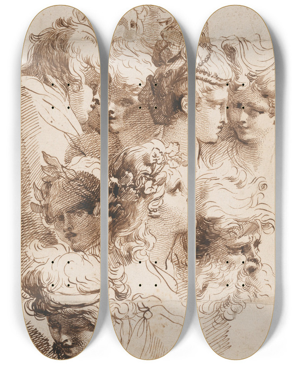 Triptych art skateboard deck of Mauro Gandolfi A Sheet Of Heads by Mauro Gandolfi (1764-1834)