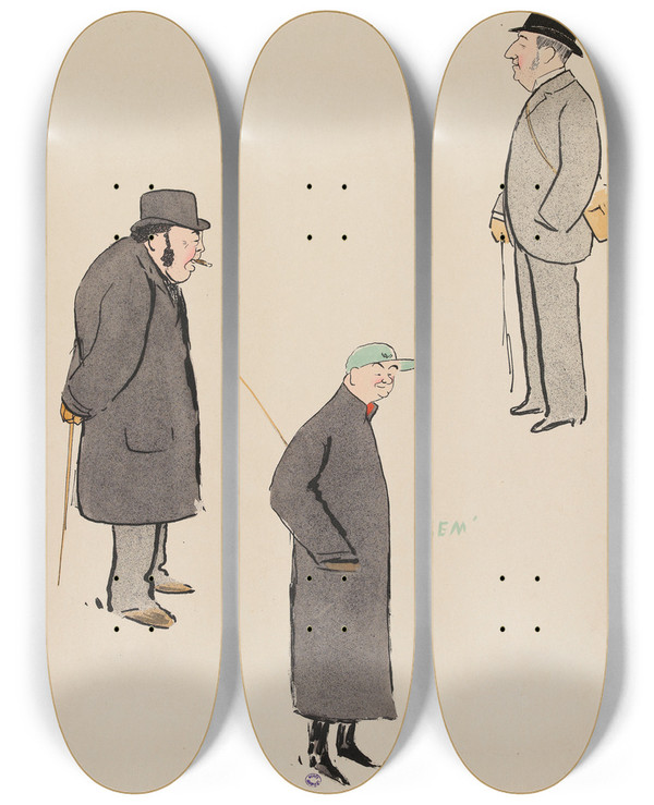 Triptych art skateboard deck of Georges Goursat Sem Lentraneur Levis M Harper Et M Basdan Jockey by Georges Goursat (Sem) (1863-1934)