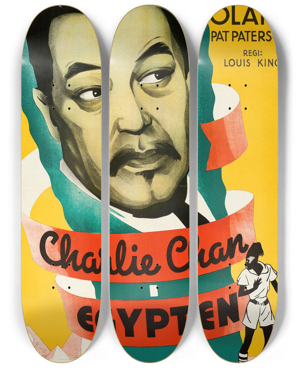Triptych art skateboard deck of Eric Rohman Charlie Chan In Egypt by Eric Rohman (1891-1949)