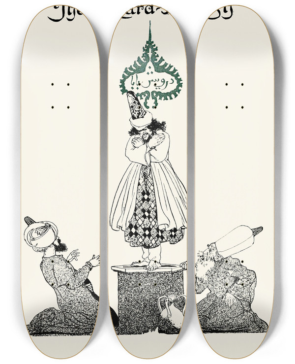 Triptych art skateboard deck of Willy Pogany Fortyfour Turkish Fairy Tales Pl 12 by Willy Pogany (1882-1955)