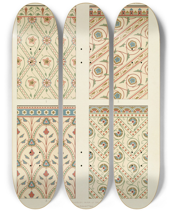 Triptych art skateboard deck of George Ashdown Audsley Polychromatic Decoration As Applied To Buildings In The Medival Styles Pl12 by George Ashdown Audsley (1838-1925)