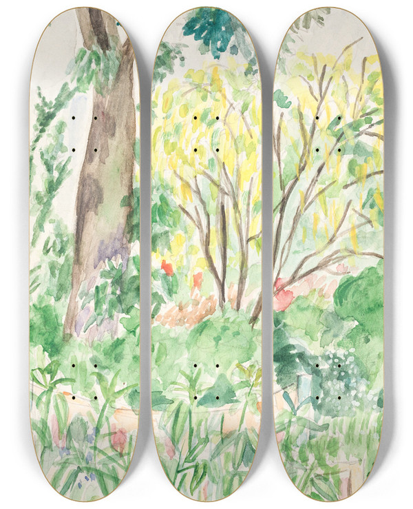 Triptych art skateboard deck of John Christensen Guldregn I En Have by John Christensen (1896-1940)