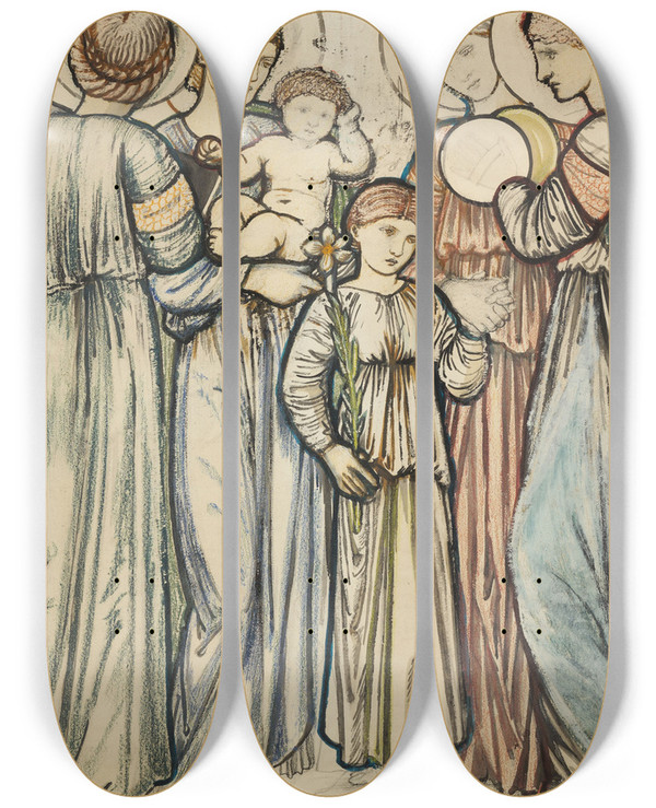 Triptych art skateboard deck of Sir Edward Coley Burnejones Angels And Children by Sir Edward Coley Burne-Jones (1833-1898)