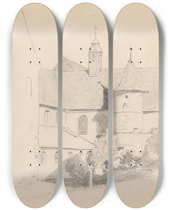 Triptych art skateboard deck of Hans Gude Borggrd Reichenau by Hans Gude (1825-1903)