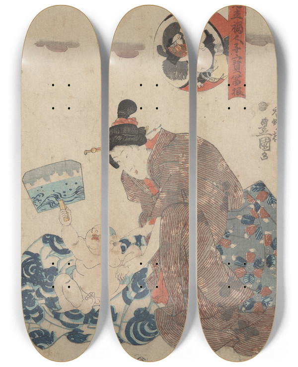 Triptych art skateboard deck of Utagawa Kunisada Toyokuni Iii Woman Tending Infant by Utagawa Kunisada (Toyokuni III) (1786-1865)