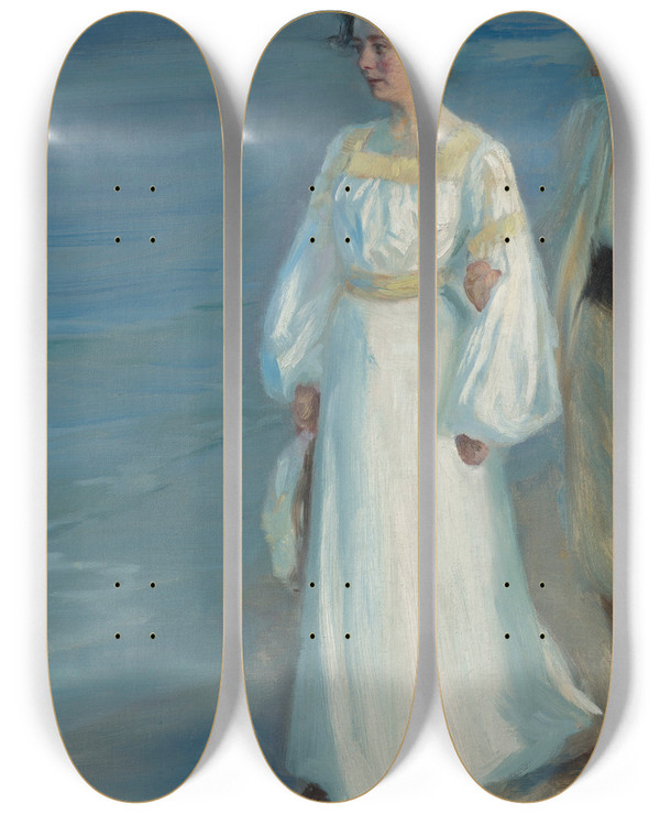 Triptych art skateboard deck of Peder Severin Kryer Summer Evening On Skagen Beach Portrait Of The Artists Wife by Peder Severin Kroyer (1851-1909)