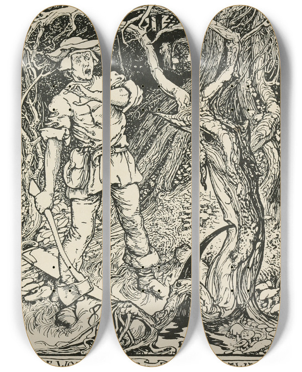 Triptych art skateboard deck of Henry Justice Ford The Woodcutter In The Tontlawald by Henry Justice Ford (1860-1941)