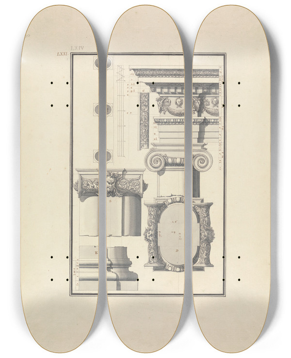 Triptych art skateboard deck of Giovanni Battista Borra Remains Of An Ionic Temple Of Bacchus At Aphrodisias by Giovanni Battista Borra (1713-1770)