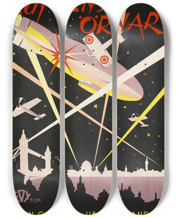 Triptych art skateboard deck of Eric Rohman Sky Hawk by Eric Rohman (1891-1949)