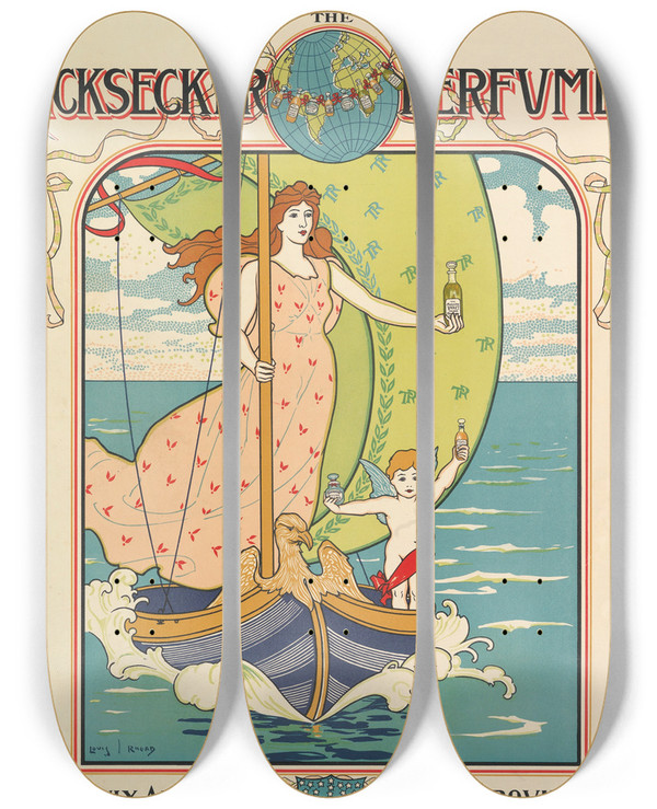 Triptych art skateboard deck of Louis Rhead Ricksecker Perfumes by Louis Rhead (1857-1926)
