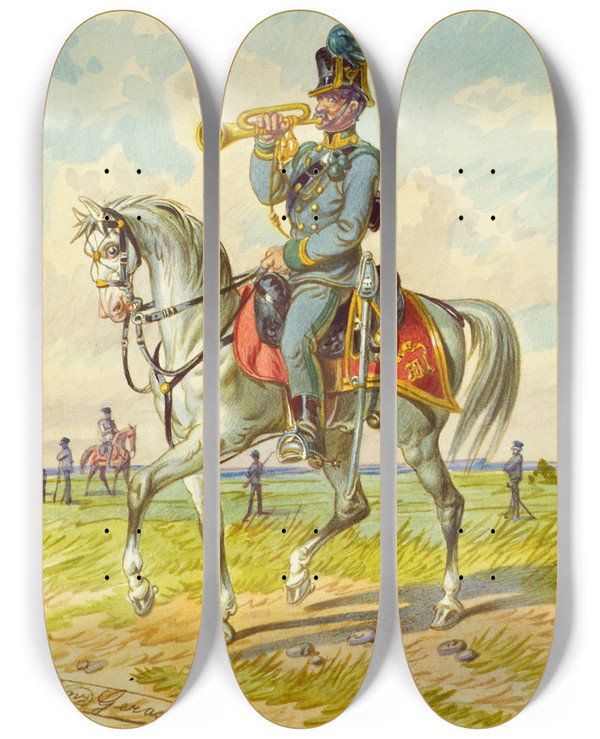 Triptych art skateboard deck of Franz Gerasch Soldat Zu Pferd 4 by Franz Gerasch (1826-1906)