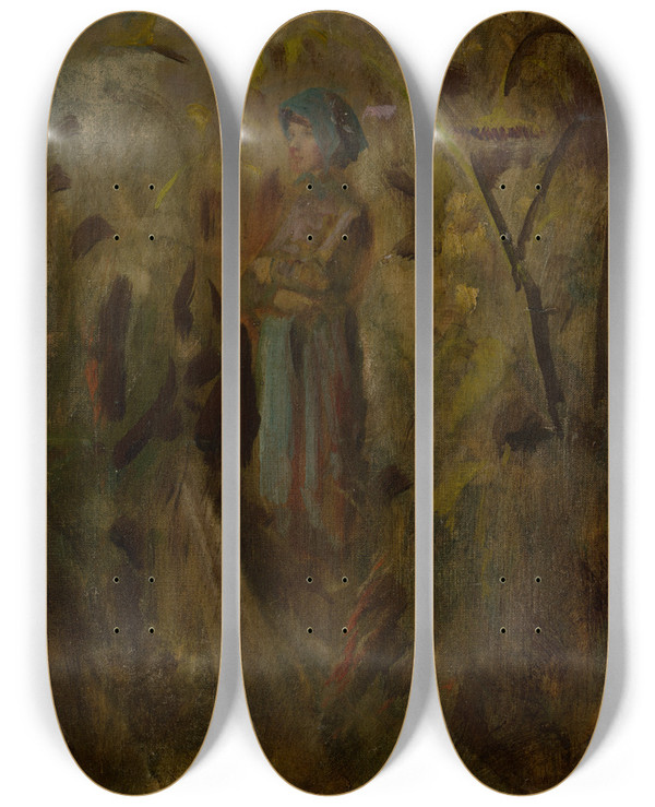 Triptych art skateboard deck of Ladislav Mednynszky Girl On A Field by Ladislav Mednyanszky (1852-1919)