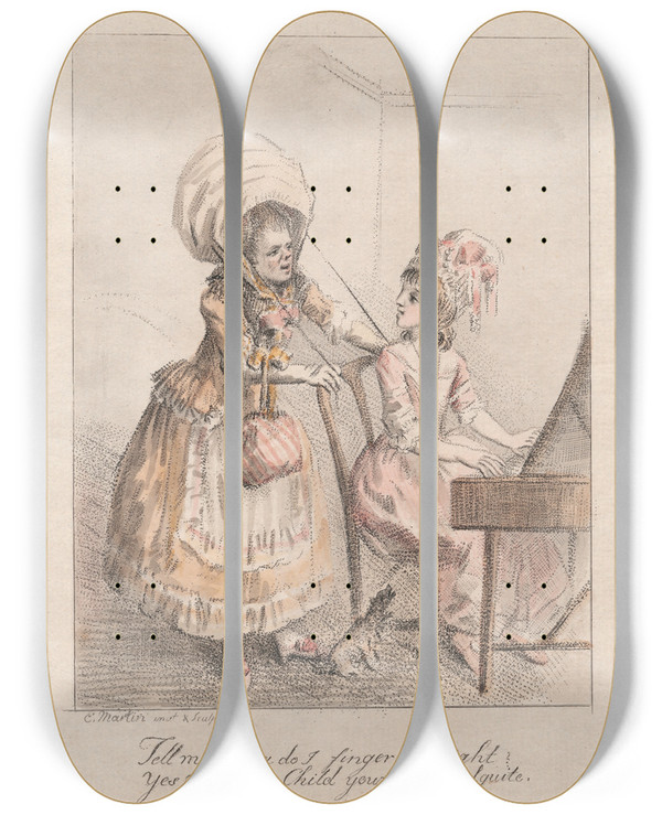 Triptych art skateboard deck of Elias Martin Tell Me Mama Do I Finger It Right by Elias Martin (1739-1818)
