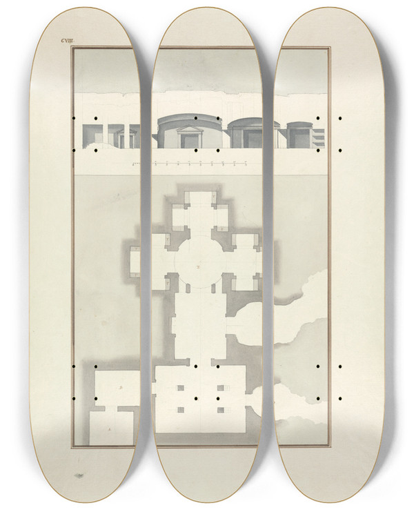 Triptych art skateboard deck of Giovanni Battista Borra Plan And View Of A Cave Temple Or Tomb by Giovanni Battista Borra (1713-1770)