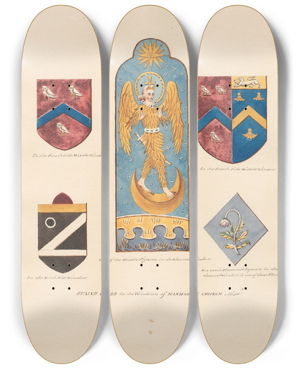 Triptych art skateboard deck of Daniel Lysons Stained Glass In The Windows Of Hanworth Church by Daniel Lysons (1762-1834)