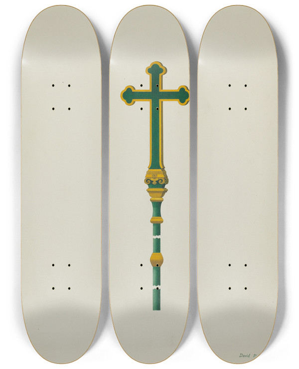 Triptych art skateboard deck of David P Willoughby Processional Cross by David P Willoughby