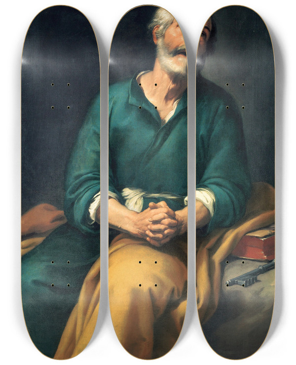 Triptych art skateboard deck of Bartolom Estebn Murillo Saint Peter In Tears by Bartolome Esteban Murillo (1617-1682)