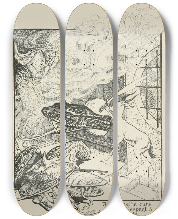 Triptych art skateboard deck of Henry Justice Ford The Gazelle Cuts Off The Serpentes Heads by Henry Justice Ford (1860-1941)
