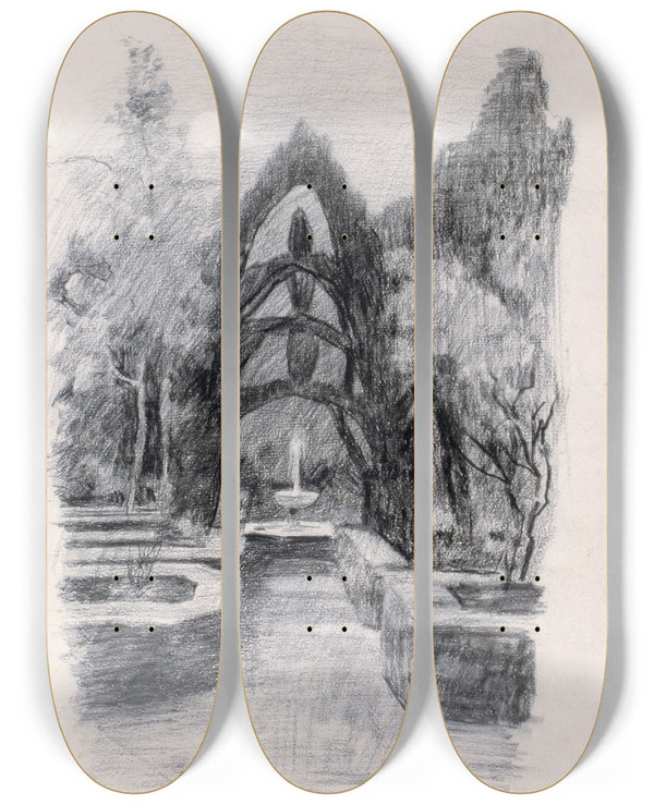 Triptych art skateboard deck of Santiago Rusiol Gardens Of The Generalife_1 by Santiago Rusinol (1861-1931)